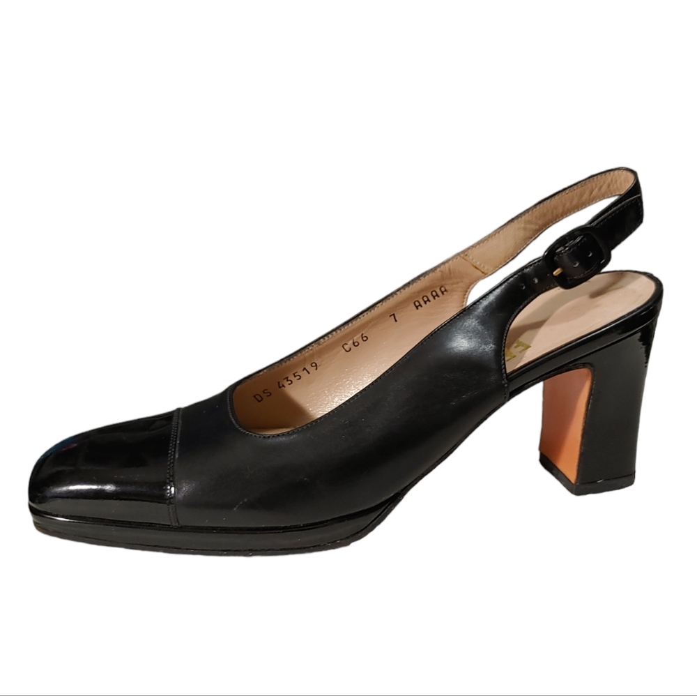 Salvatore Ferragamo Black Leather Sling Back Square Toe Heels Women's Size 7